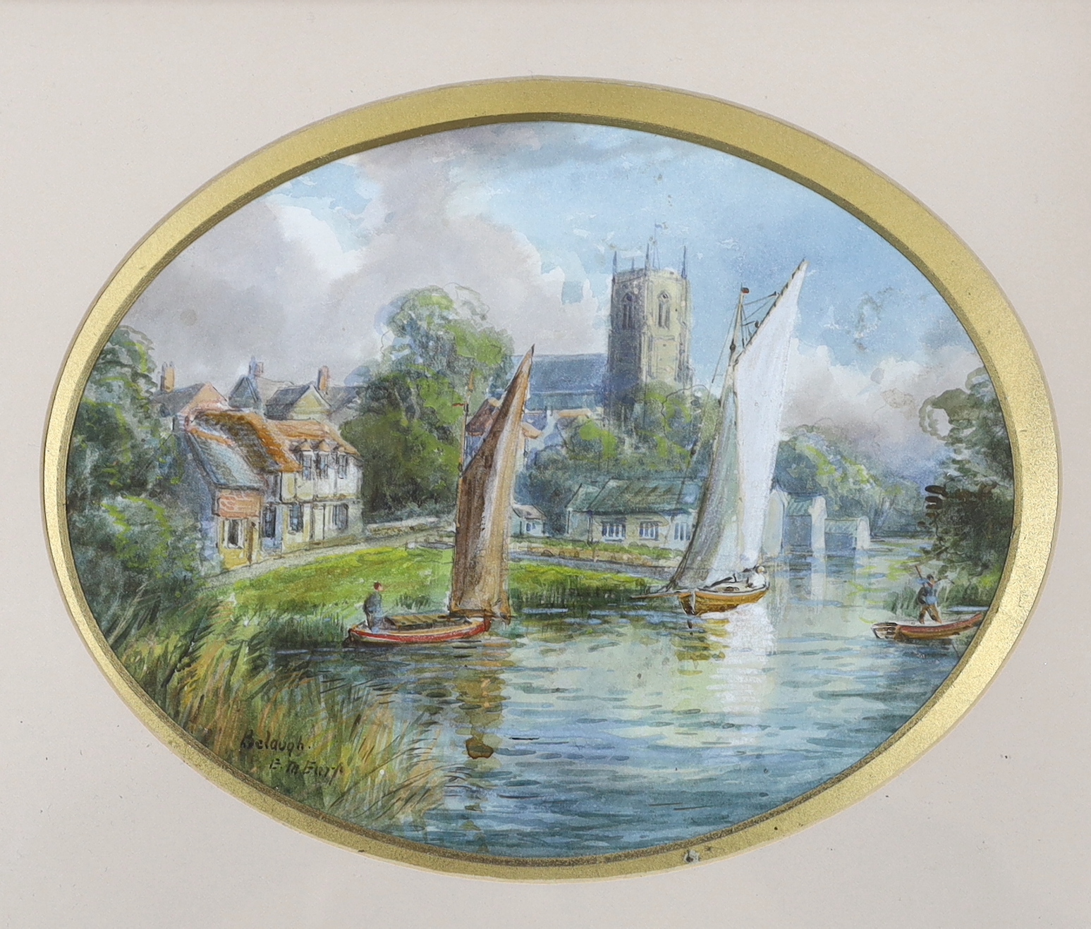 E H Earp, oval heightened watercolour, 'Belaugh', signed and inscribed, 17 x 21cm